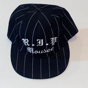 Stylish R.I.P. Mouse Mest Side Decky Black Cap with White Pinstripes Embroidered